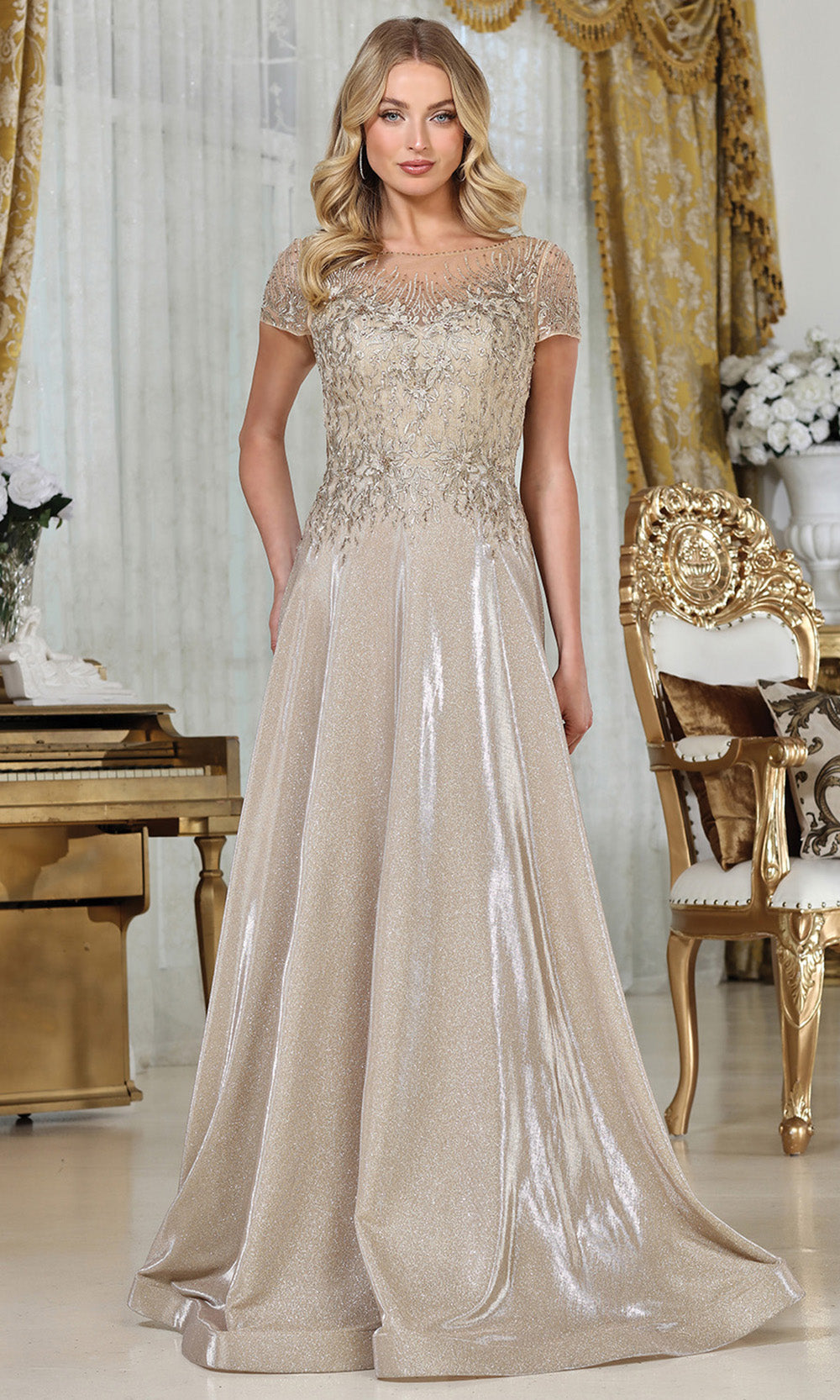 Adora Design 3316-03 - Short Sleeve Applique A-Line Gown Formal Gowns in Neutral  