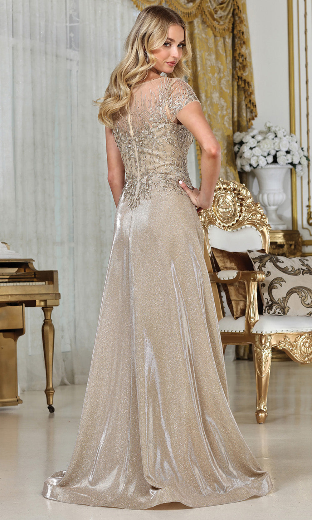 Adora Design 3316-03 - Short Sleeve Applique A-Line Gown Formal Gowns in Neutral  