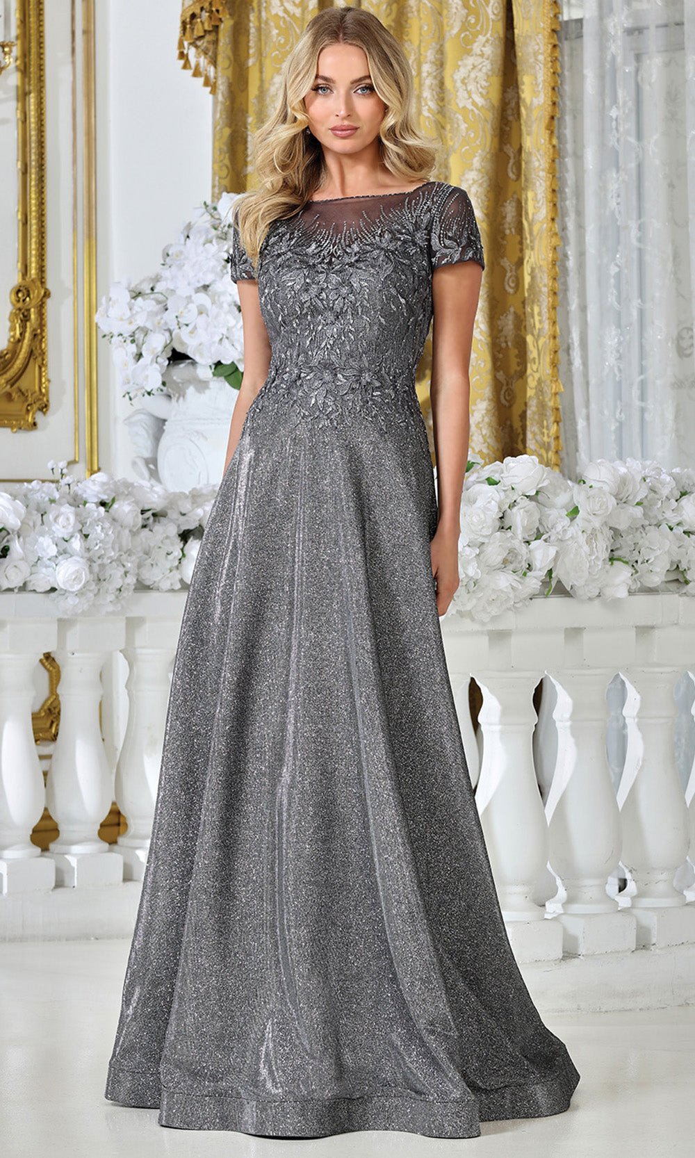 Adora Design 3316-03 - Short Sleeve Applique A-Line Gown Formal Gowns in Silver  