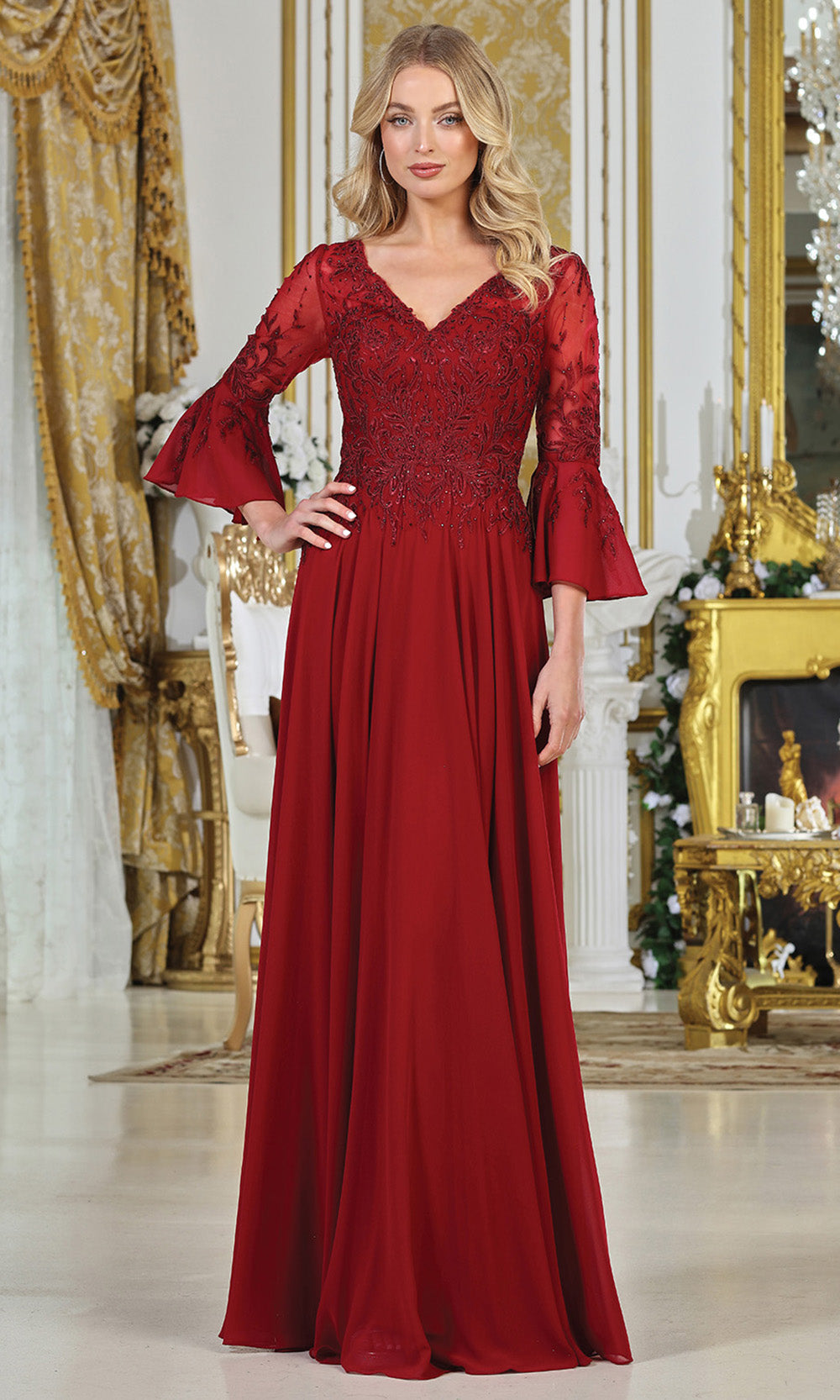 Adora Design 3317-03 - V-Neckline Bell Sleeve A-Line Gown Formal Gowns in Red  
