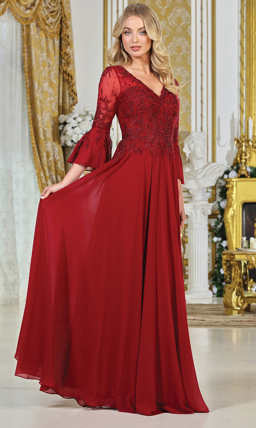 Adora Design 3317-03 - V-Neckline Bell Sleeve A-Line Gown Formal Gowns in Red  