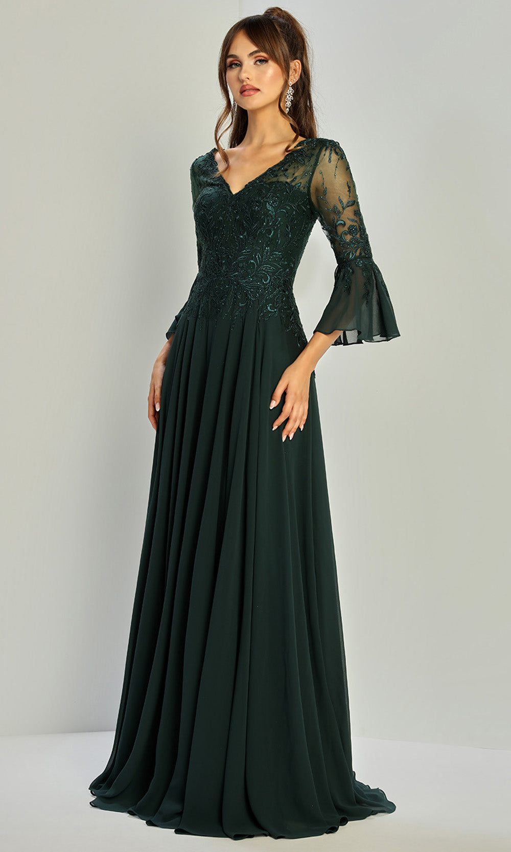 Adora Design 3317-03 - V-Neckline Bell Sleeve A-Line Gown Formal Gowns in Green  