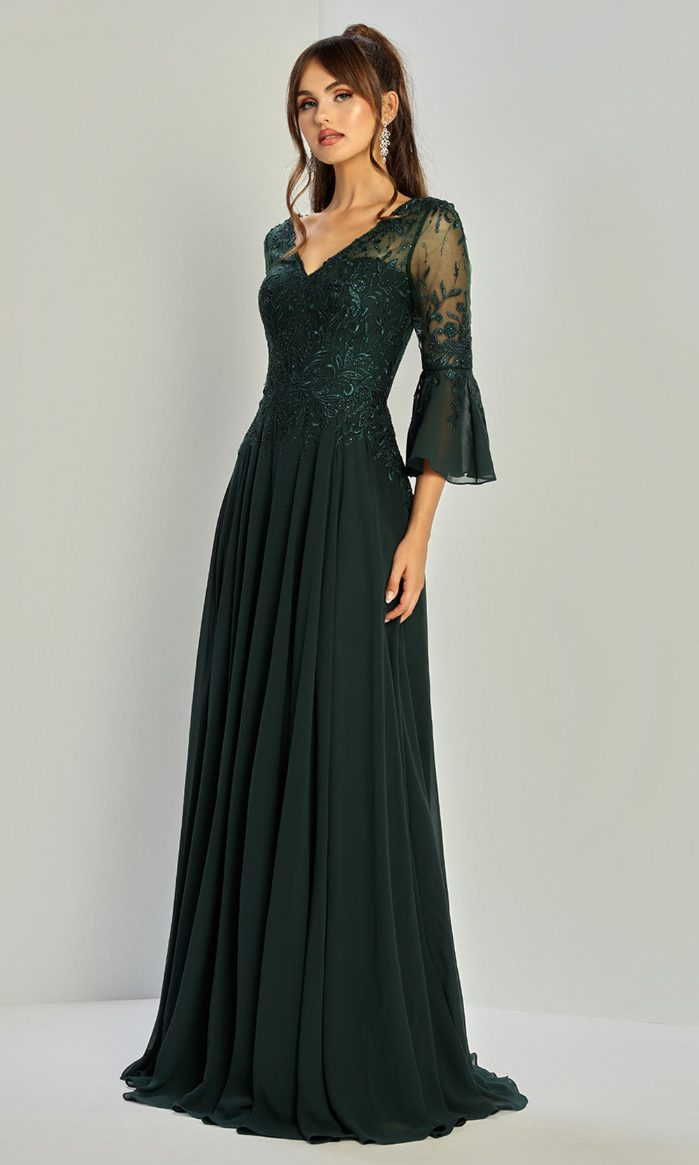 Adora Design 3317-03 - V-Neckline Bell Sleeve A-Line Gown Formal Gowns in Green  