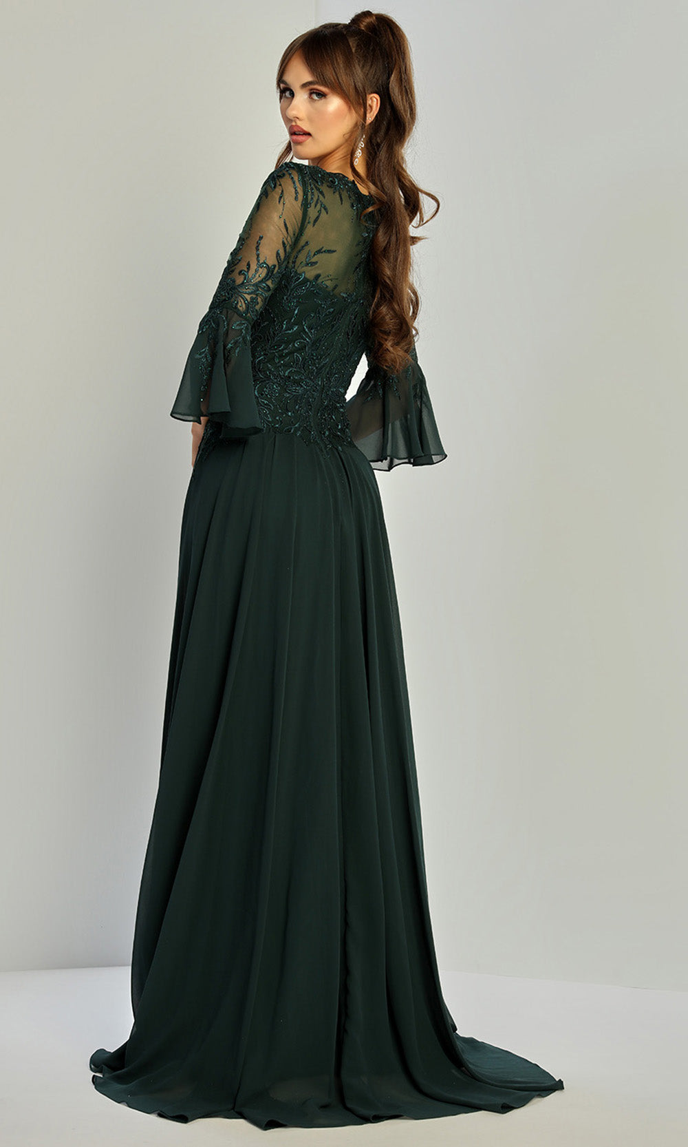 Adora Design 3317-03 - V-Neckline Bell Sleeve A-Line Gown Formal Gowns in Green  