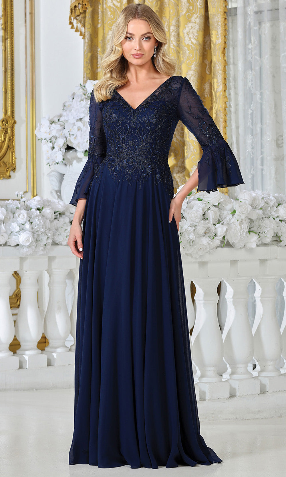 Adora Design 3317-03 - V-Neckline Bell Sleeve A-Line Gown Formal Gowns in Blue  