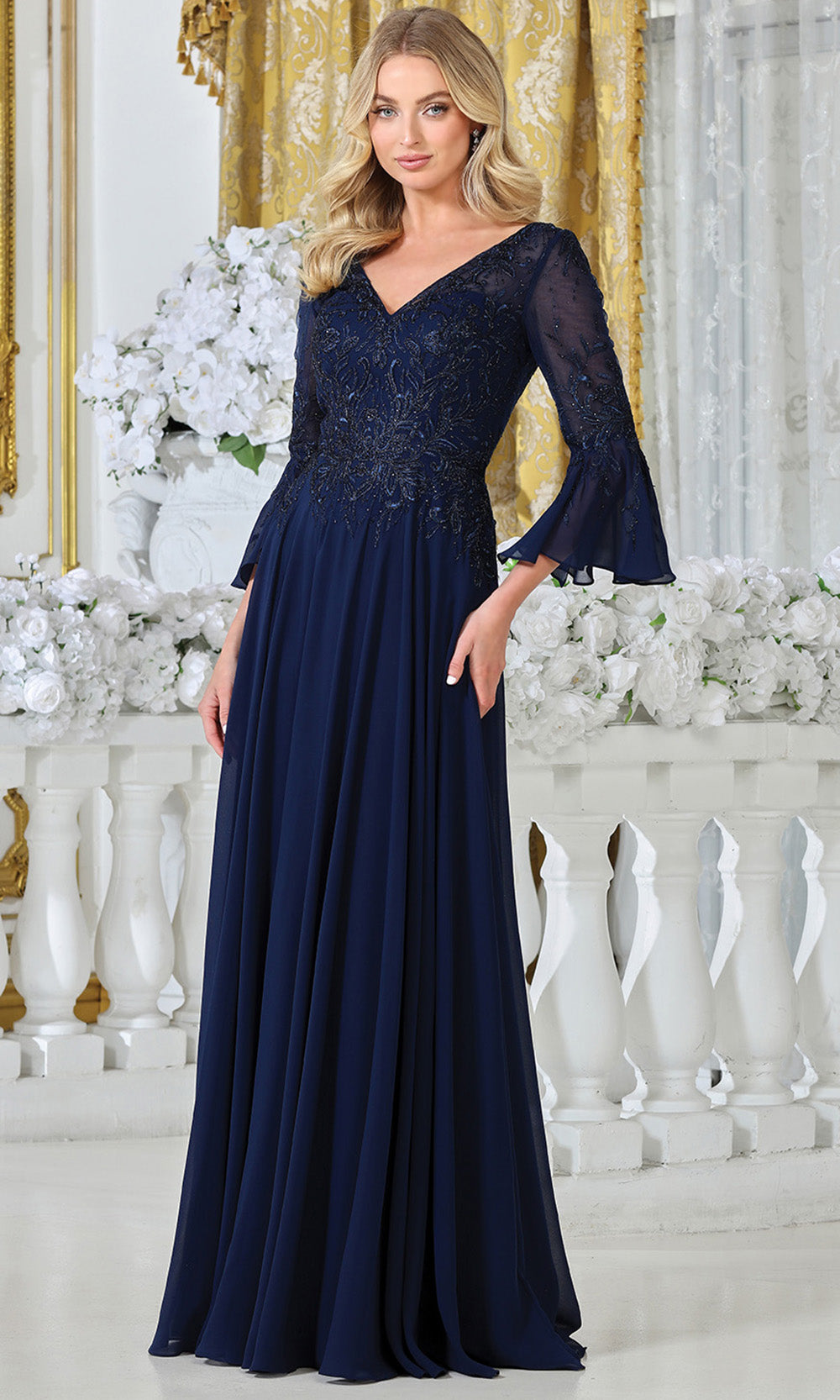 Adora Design 3317-03 - V-Neckline Bell Sleeve A-Line Gown Formal Gowns in Blue  