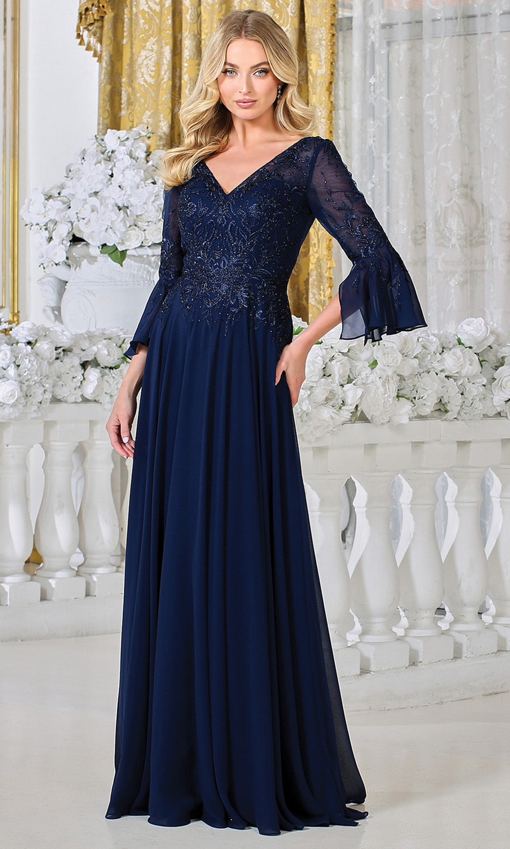 Adora Design 3317-03 - V-Neckline Bell Sleeve A-Line Gown Formal Gowns in Blue  