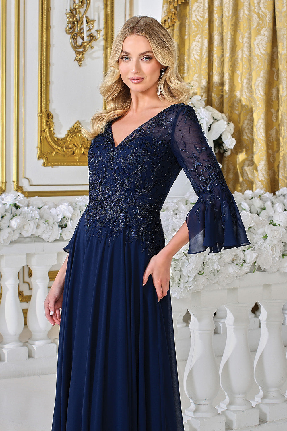 Adora Design 3317-03 - V-Neckline Bell Sleeve A-Line Gown Formal Gowns in Blue  