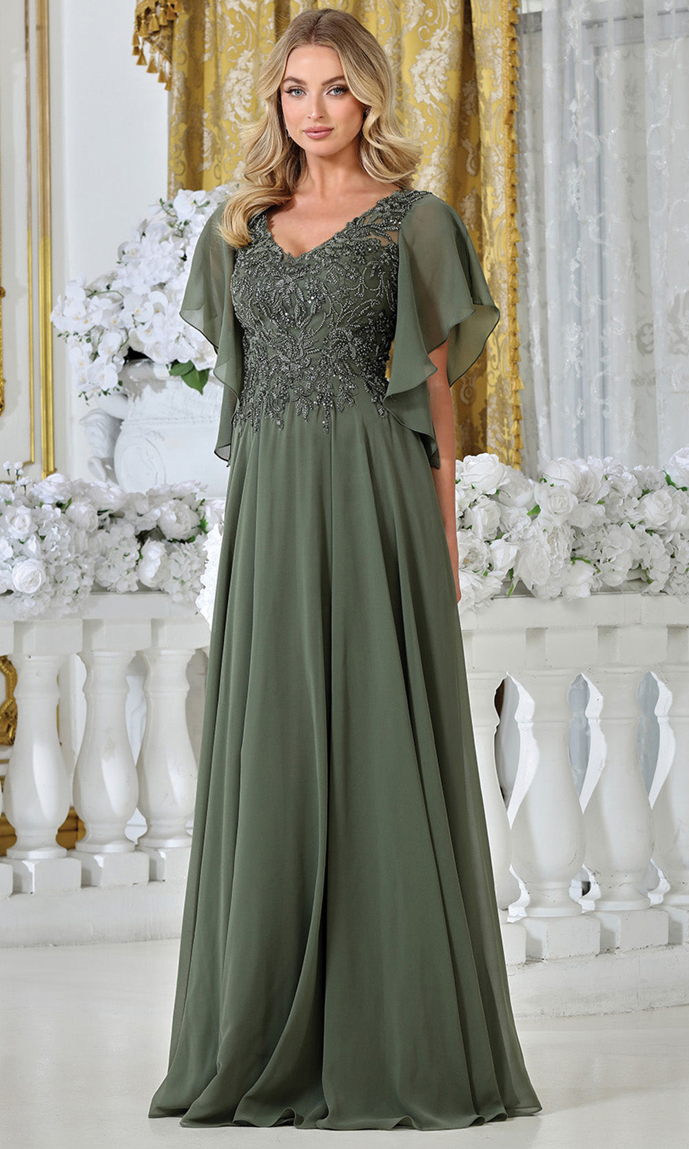 Adora Design 3318-03 - V-Neckline Beaded Applique Long Gown Mother of the Bride Dresses in Green  