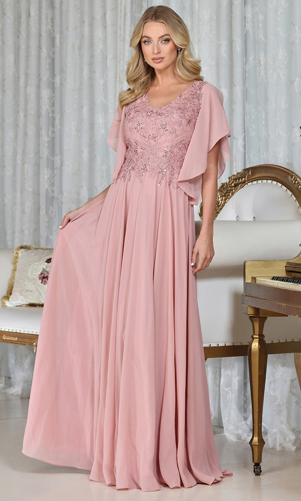 Adora Design 3318-03 - V-Neckline Beaded Applique Long Gown Mother of the Bride Dresses in Pink  