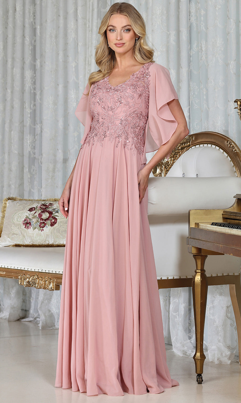 Adora Design 3318-03 - V-Neckline Beaded Applique Long Gown Mother of the Bride Dresses in Pink  