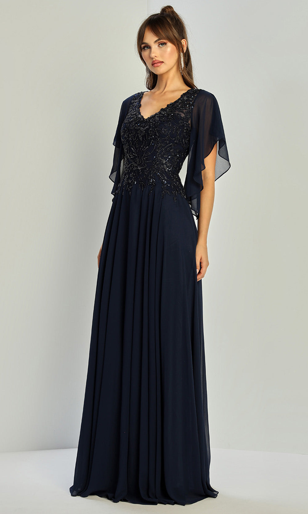 Adora Design 3318-03 - V-Neckline Beaded Applique Long Gown Mother of the Bride Dresses in Blue  
