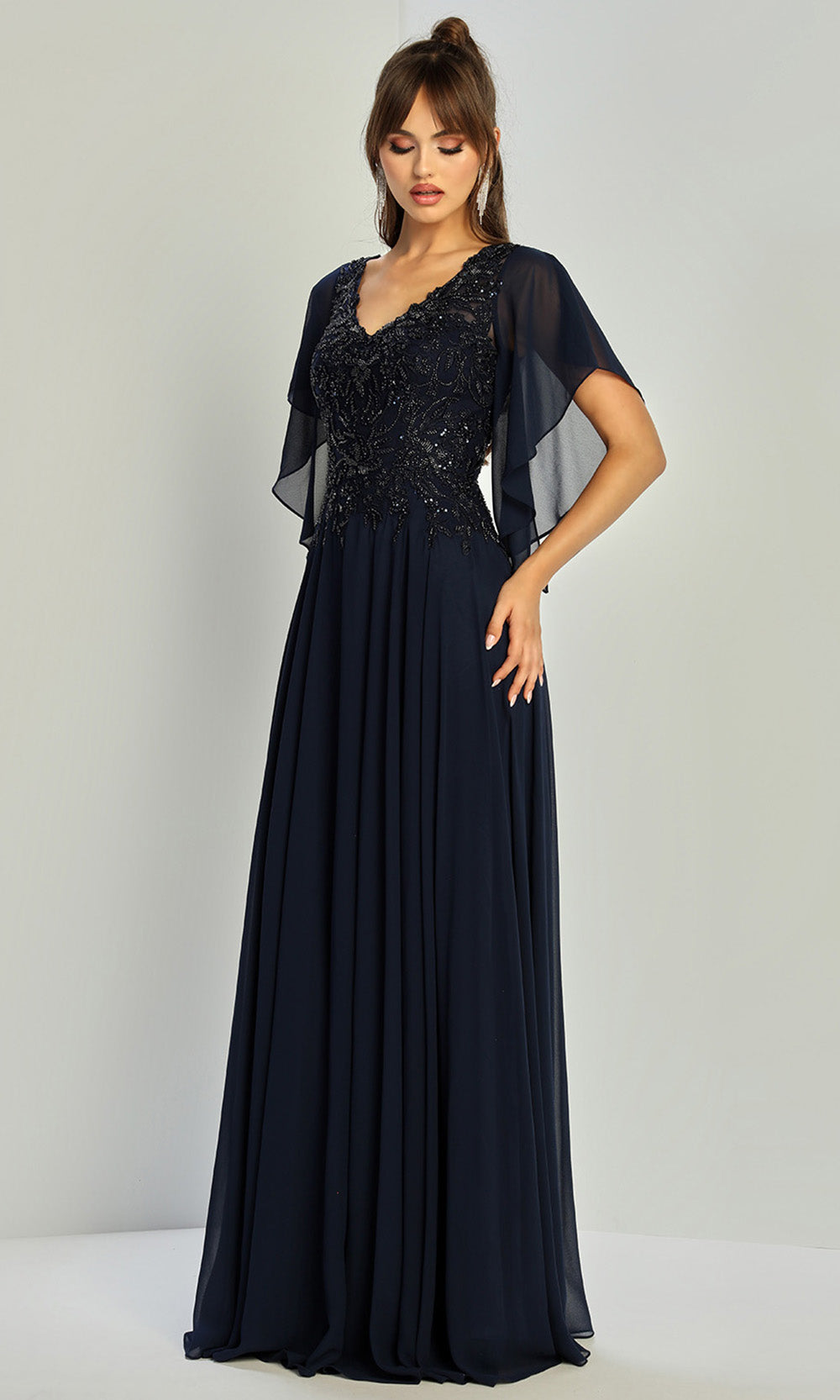 Adora Design 3318-03 - V-Neckline Beaded Applique Long Gown Mother of the Bride Dresses in Blue  