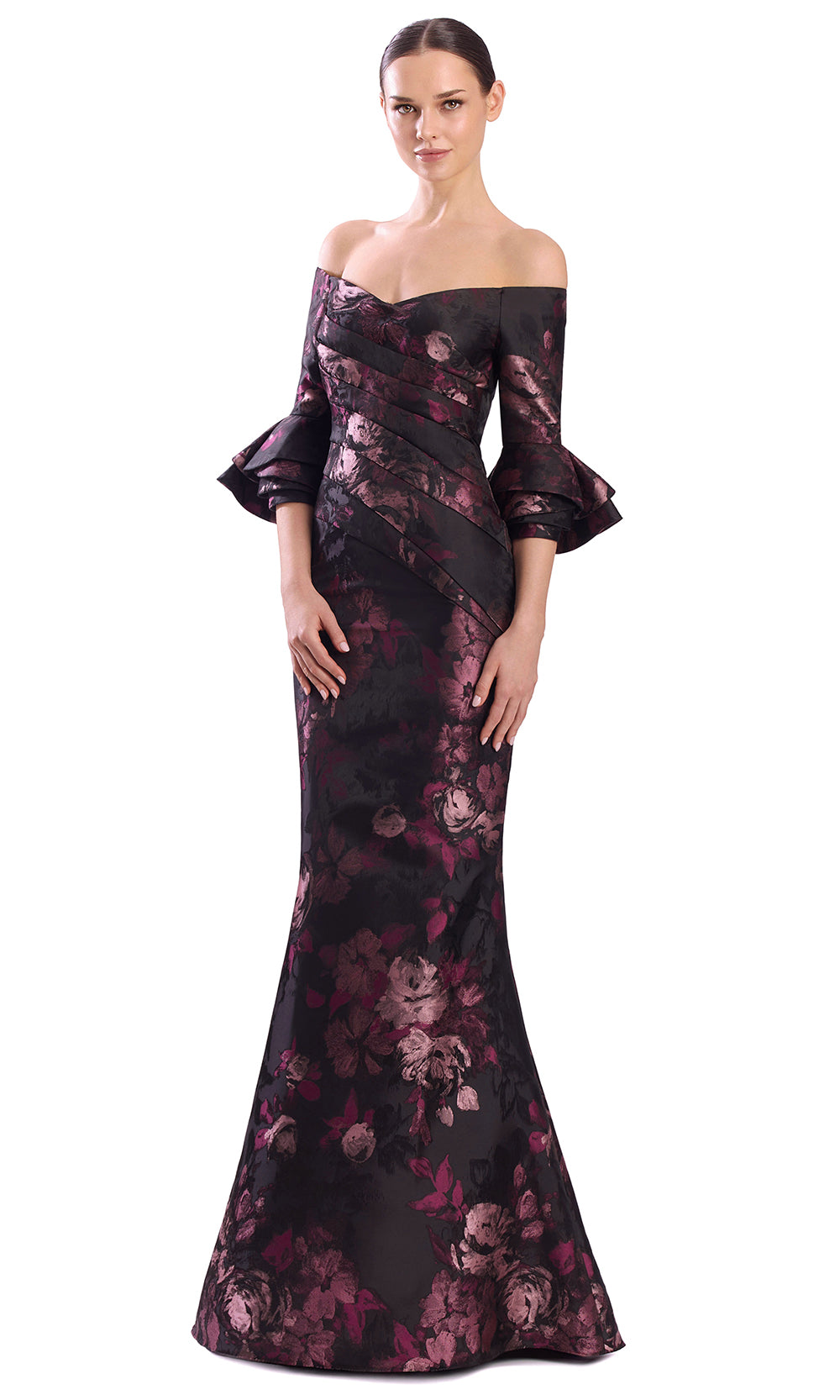 Alexander by Daymor 3318F26 - Off Shoulder Pleated Floral Evening Gown