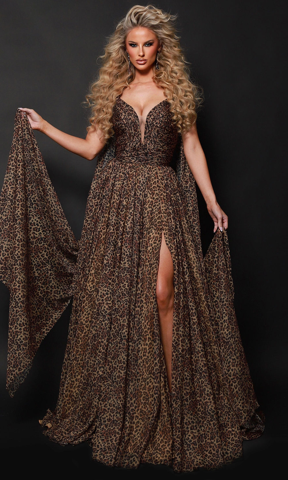 Johnathan Kayne 3318 - Plunging Leopard Cape Evening Dress Formal Gowns