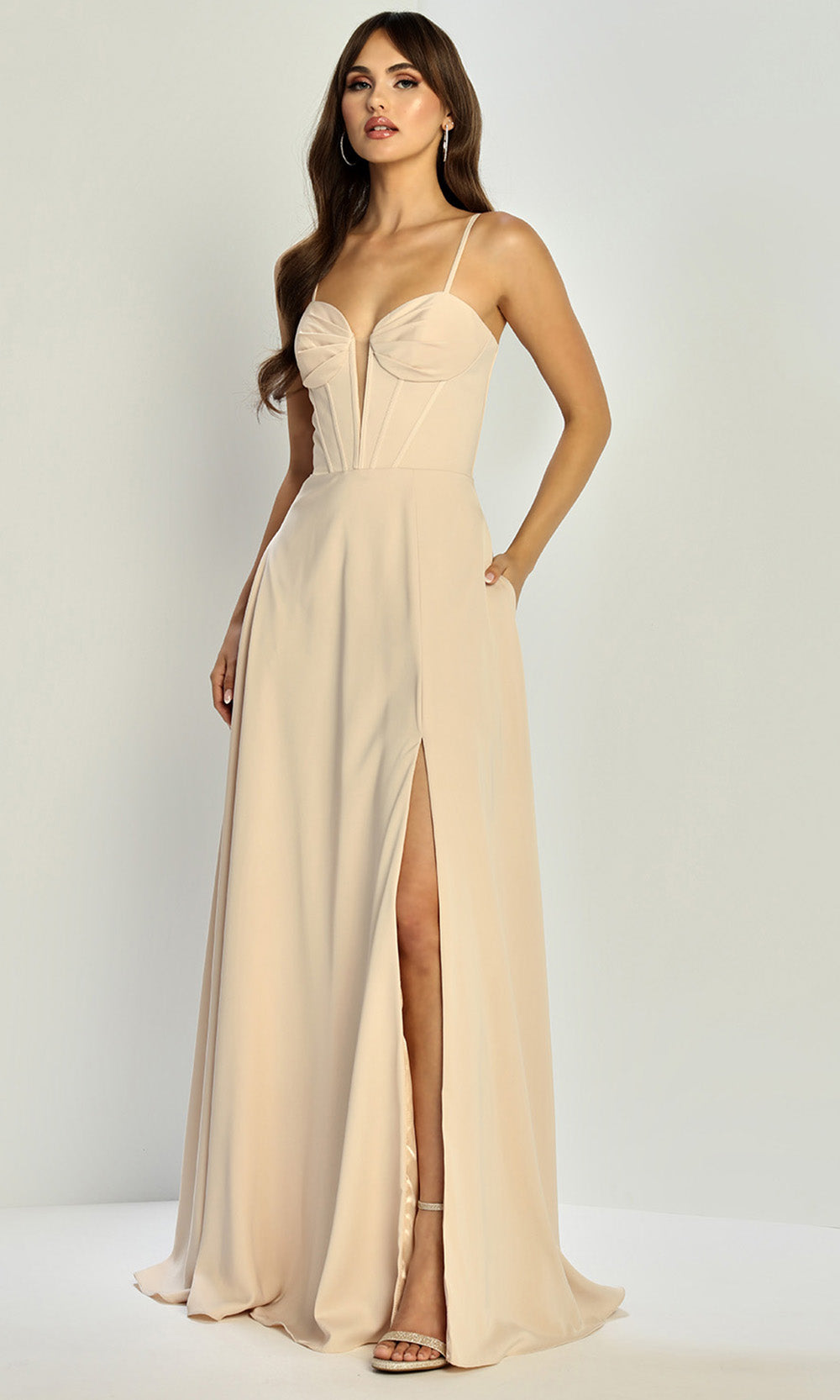 Adora Design 3323 - Lace-Up Back Sleeveless Gown with Slit Evening Dresses in Neutral  