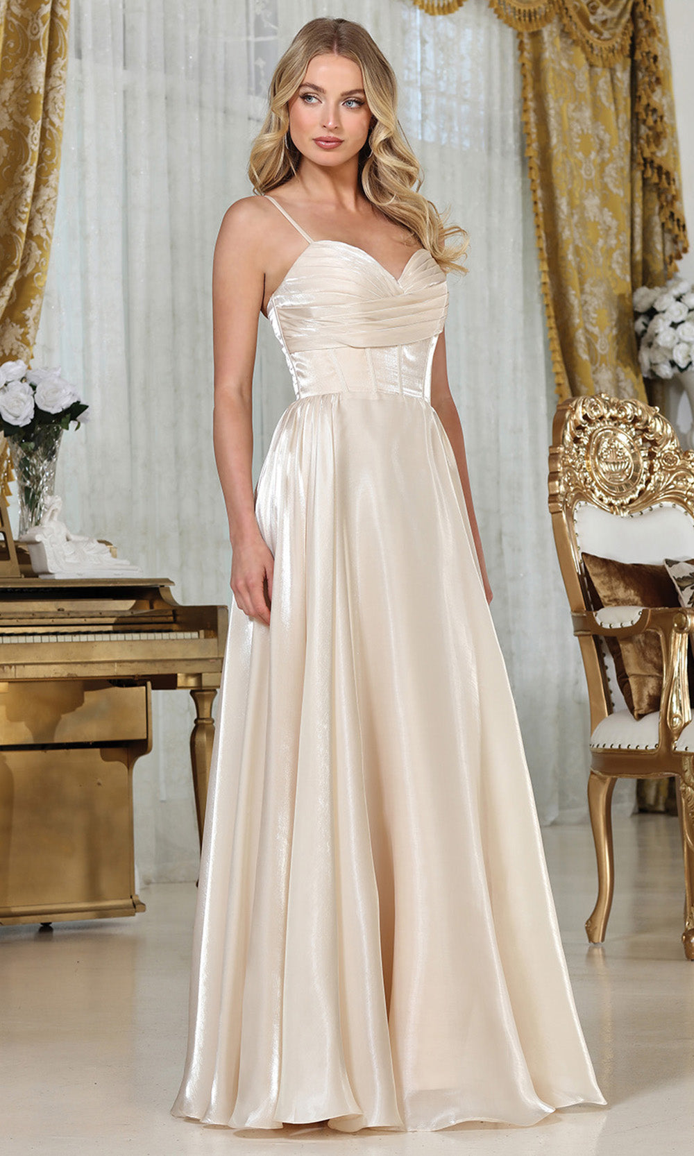 Adora Design 3326 - Lace-Up Back Ruched Corset Long Gown Prom Dresses in Neutral  
