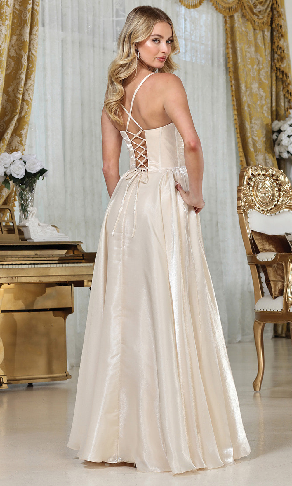 Adora Design 3326 - Lace-Up Back Ruched Corset Long Gown Prom Dresses in Neutral  