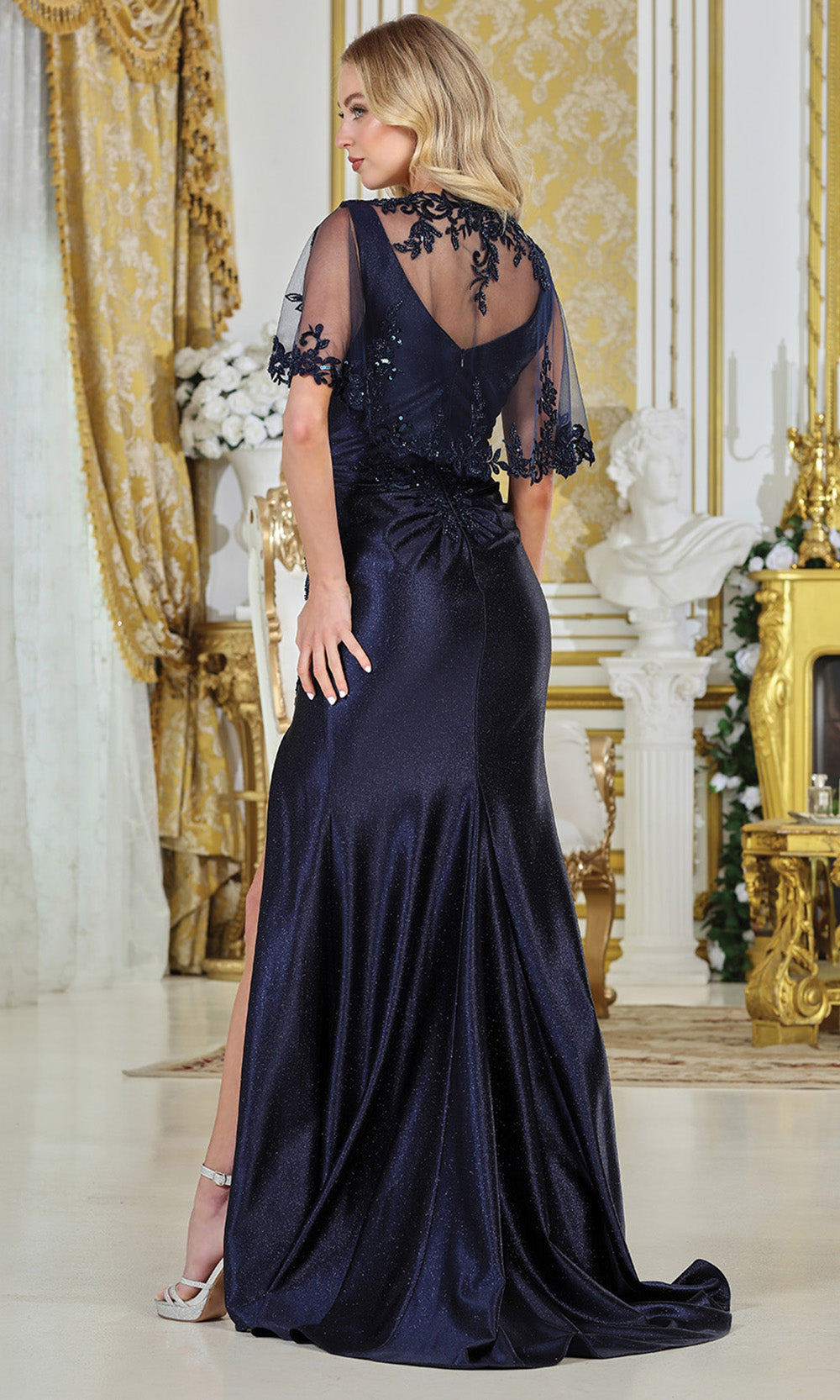Adora Design 3327-03 - V-Neck Embroidered Bodice Sheath Gown Mother Of The Bride Dresses in Blue  