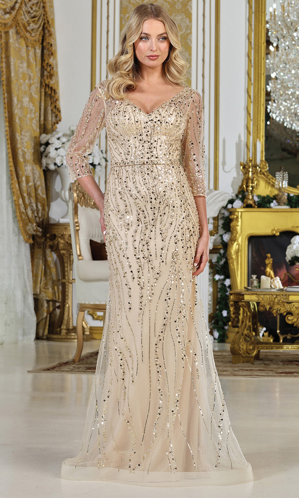 Adora Design 3328-03 - V-Neck Three-Quarter Sleeve Embellished Gown Mother Of The Bride Dresses in Neutral  