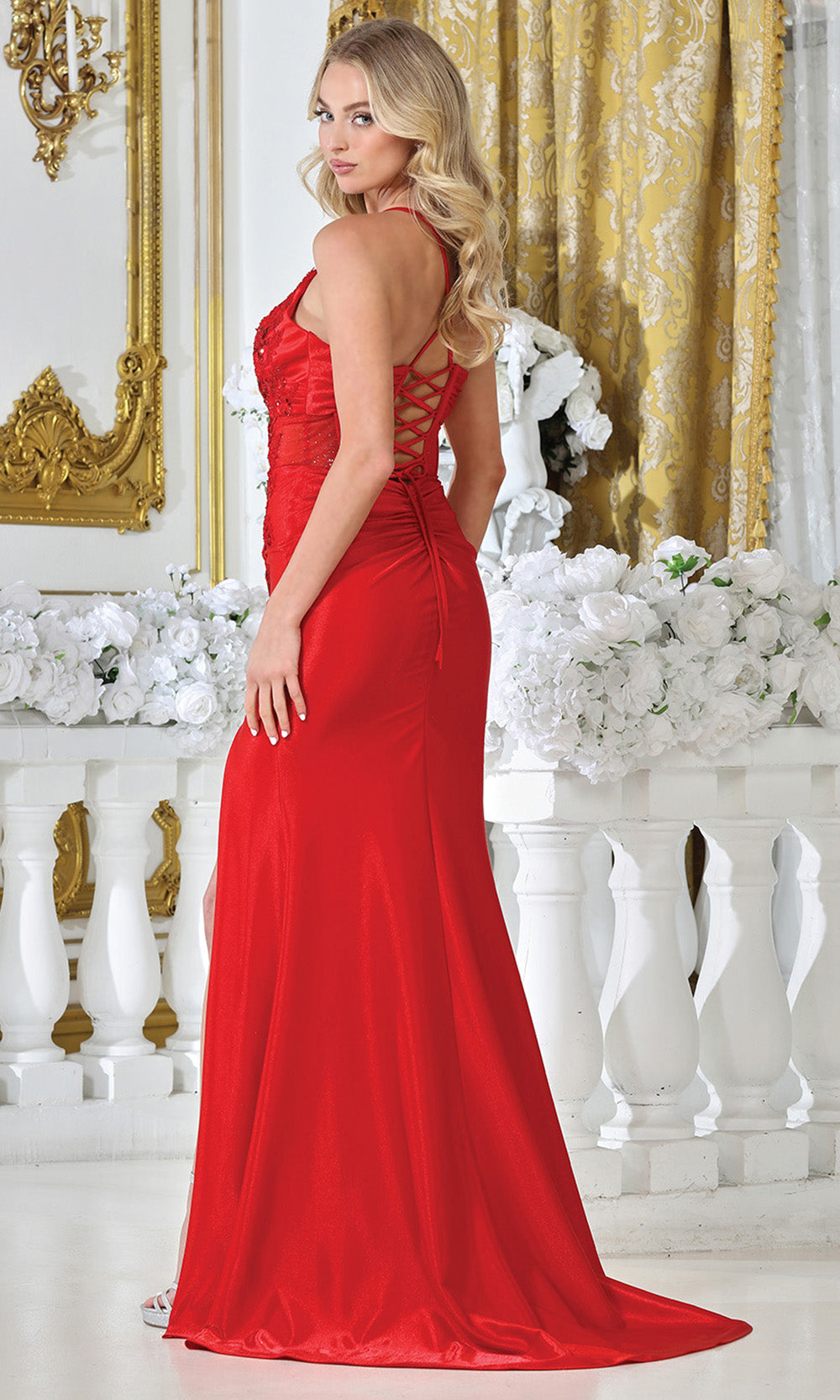 Adora Design 3329 - Crisscross Lace-Up Back Sheath Long Gown Prom Dresses in Red  