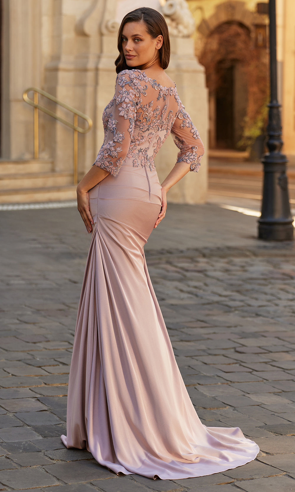 La Femme 33335 - V-Neck Floral Embellished Satin Gown Mother of the Bride Dresses