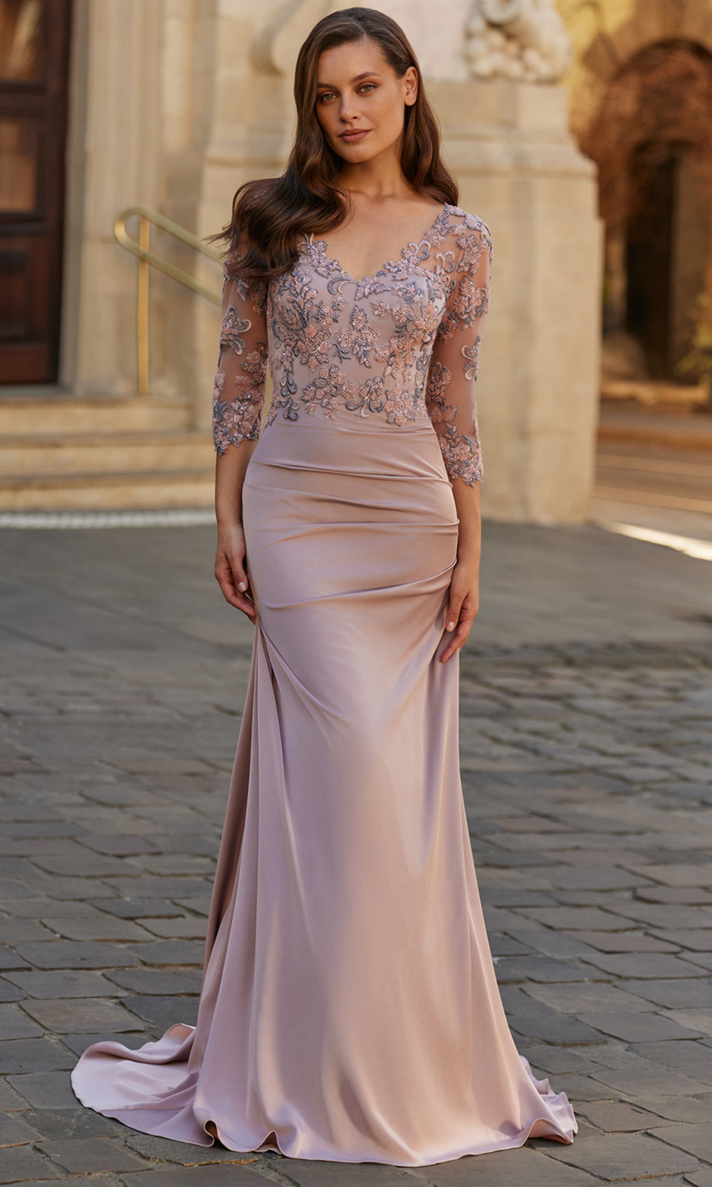 La Femme 33335 - V-Neck Floral Embellished Satin Gown Mother of the Bride Dresses