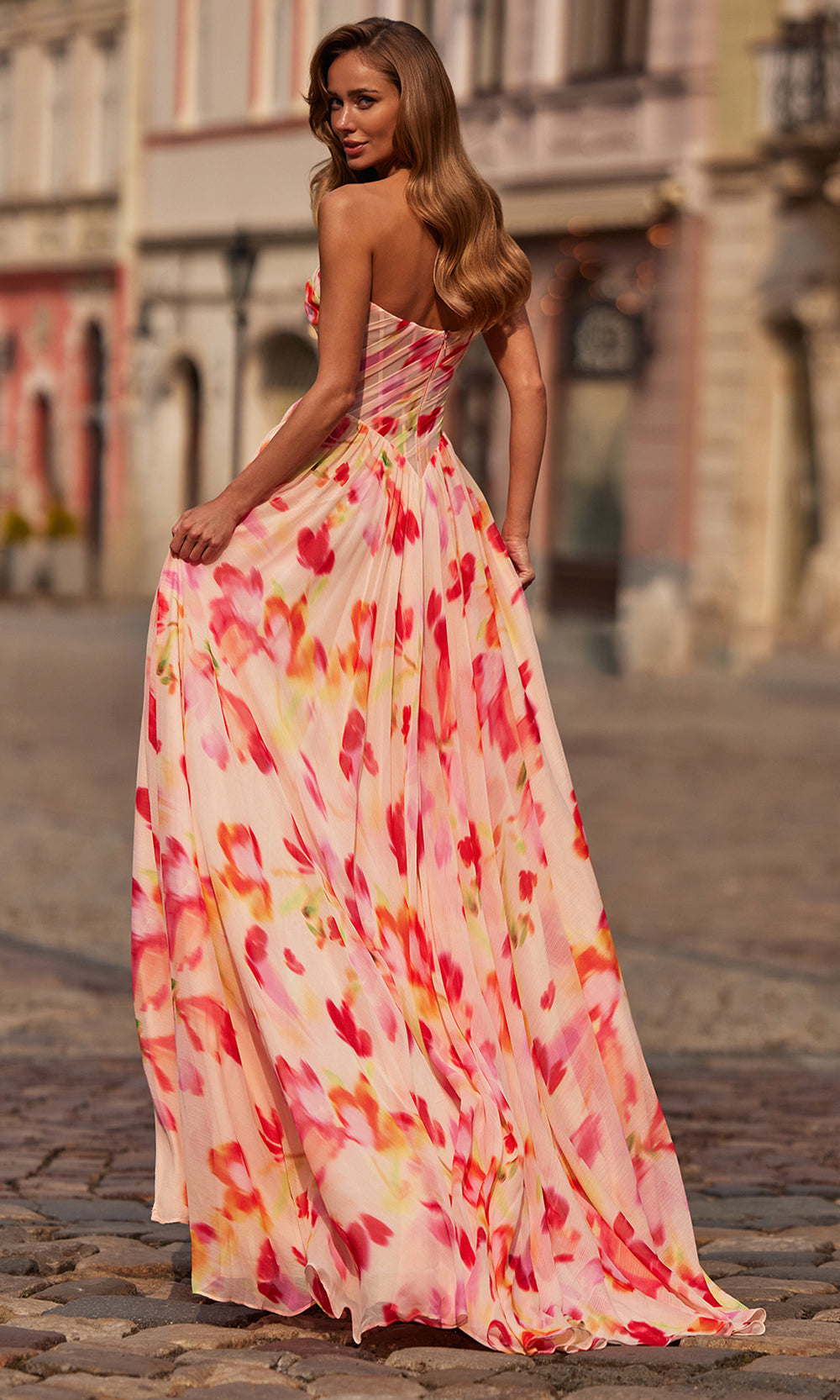 La Femme 33404 - Corset Bodice Print Chiffon Scoop Gown Prom Dresses