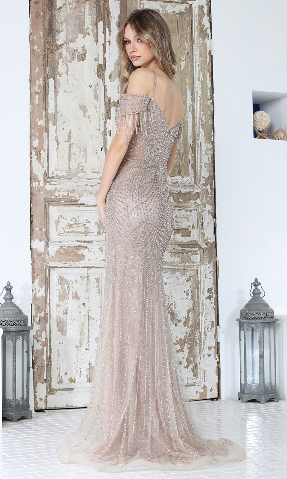 Adora Design 3342 - Cold Shoulder Intricate Beaded Long Gown Evening Dresses in Neutral and Gold