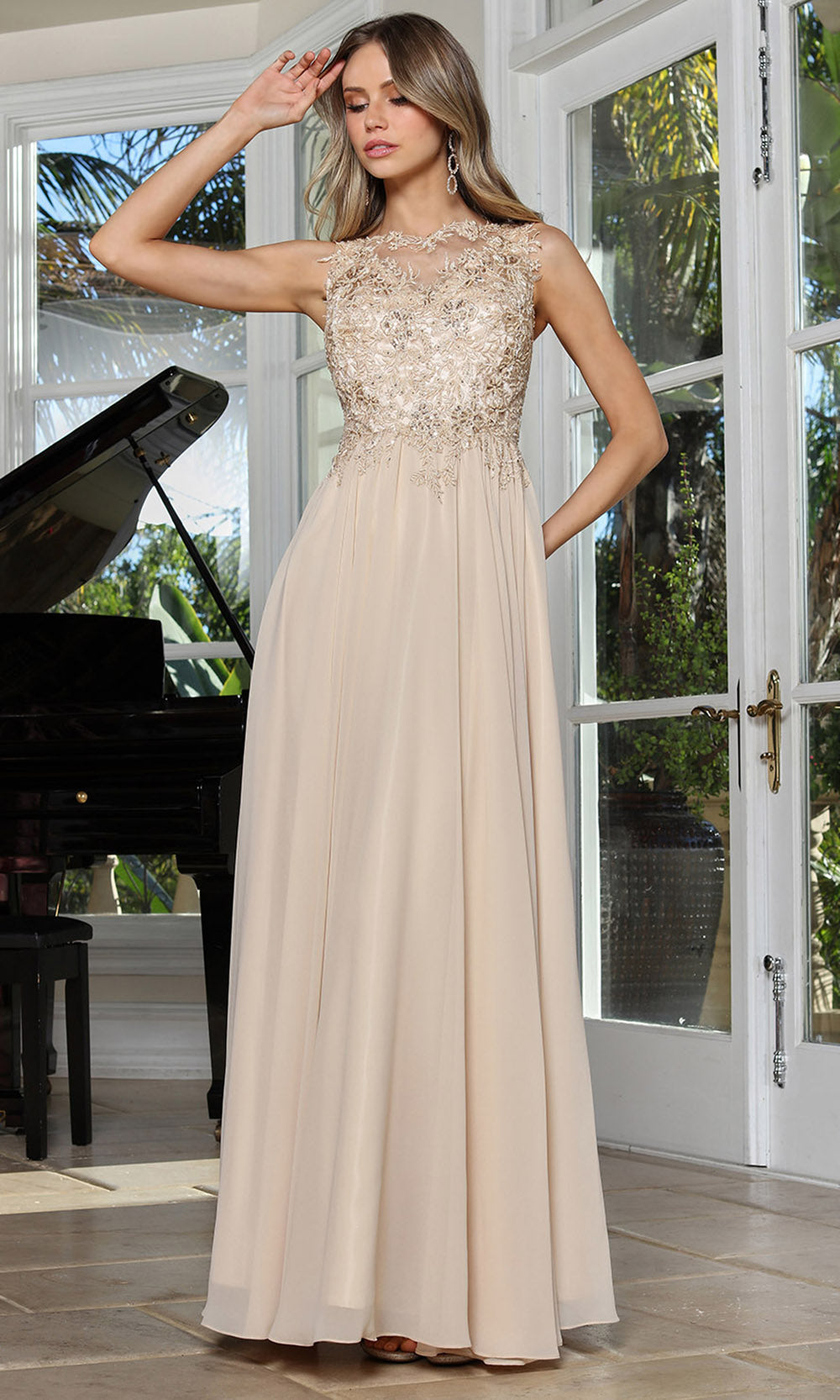 Adora Design 3344-03 - Beaded Lace Flowing A-Line Gown Formal Gowns in Neutral  