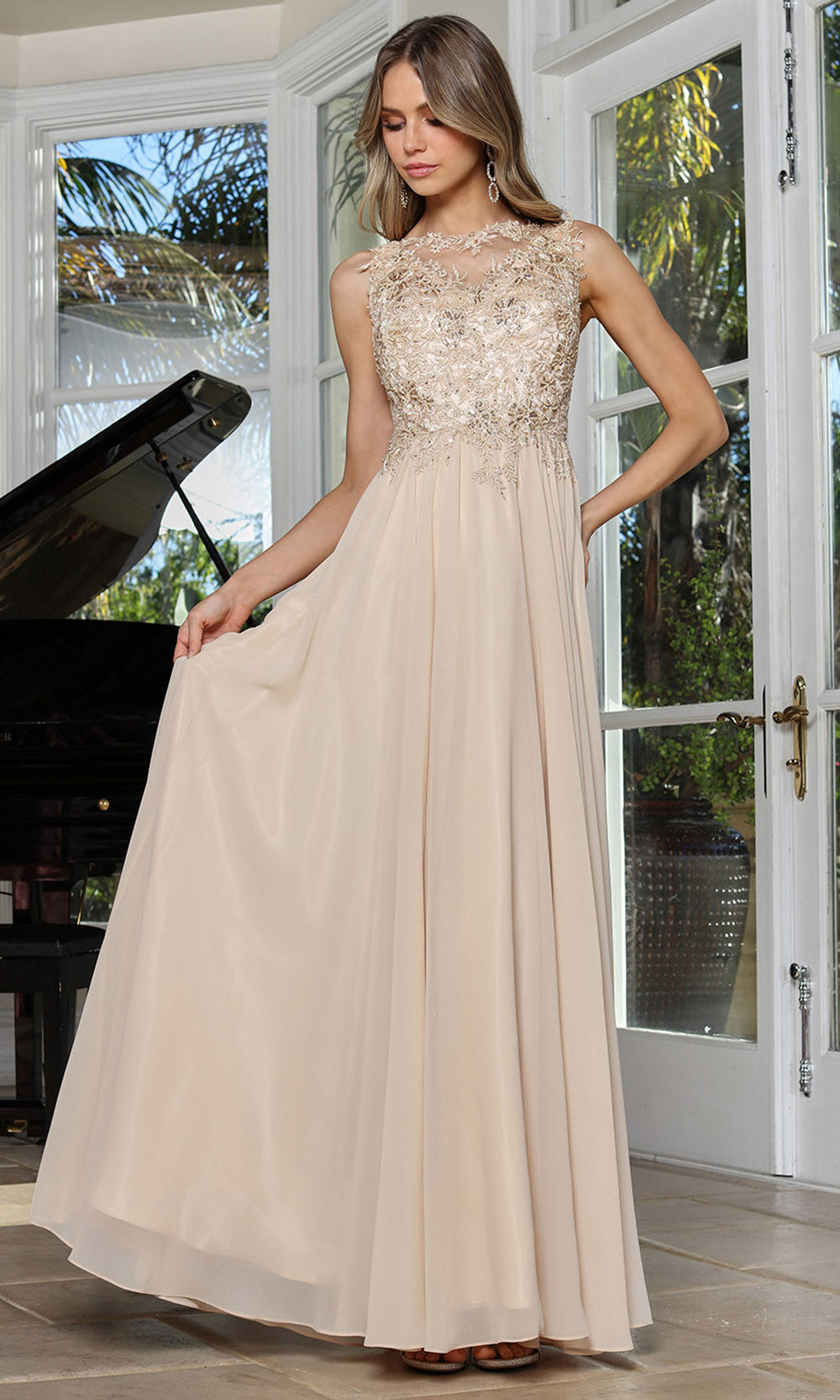 Adora Design 3344-03 - Beaded Lace Flowing A-Line Gown Formal Gowns in Neutral  