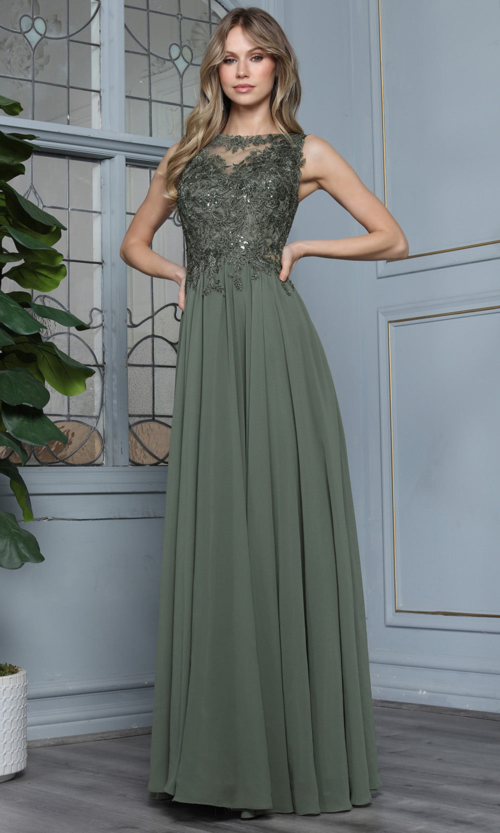 Adora Design 3344-03 - Beaded Lace Flowing A-Line Gown Formal Gowns in Green  