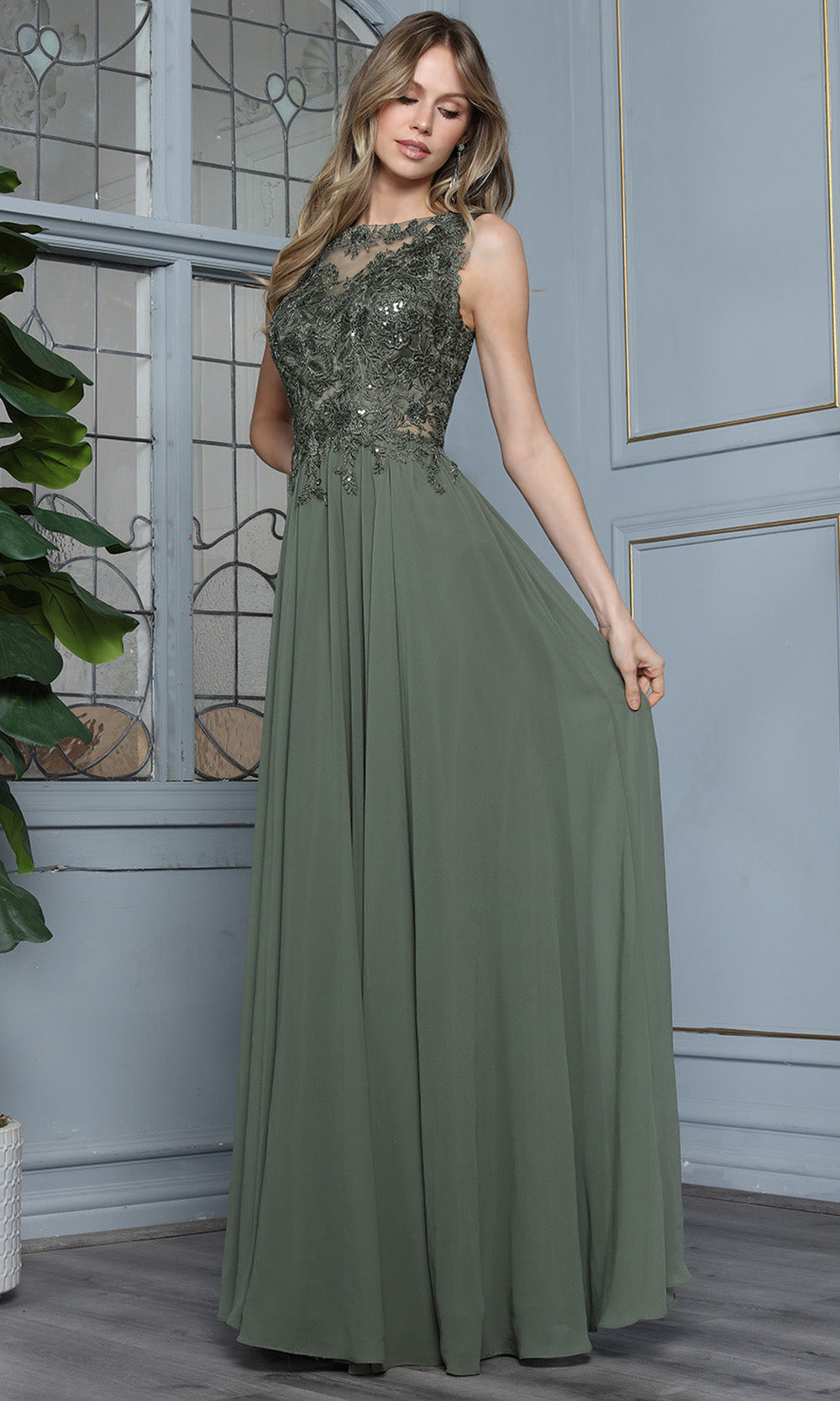 Adora Design 3344-03 - Beaded Lace Flowing A-Line Gown Formal Gowns in Green  