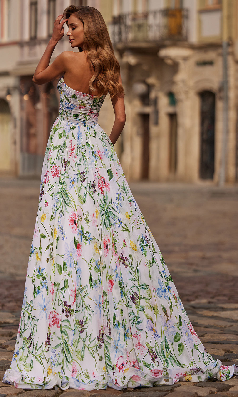La Femme 33450 - High Slit Floral Strapless Gown Prom Dresses