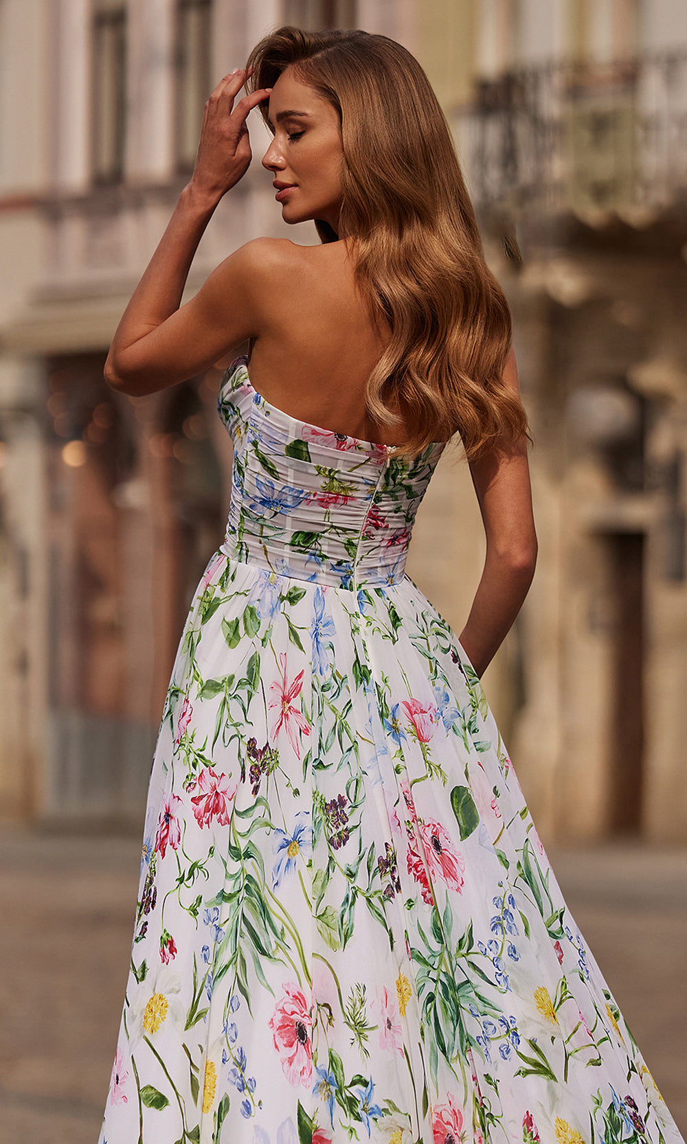La Femme 33450 - High Slit Floral Strapless Gown Prom Dresses