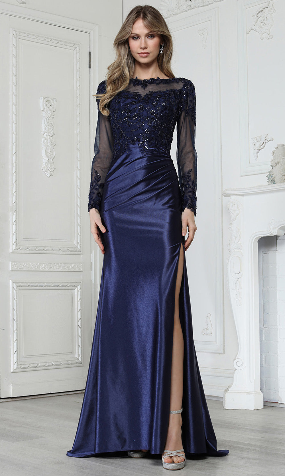Adora Design 3348-03 - Lace Applique Bateau Neck Evening Gown Formal Gowns in Blue  