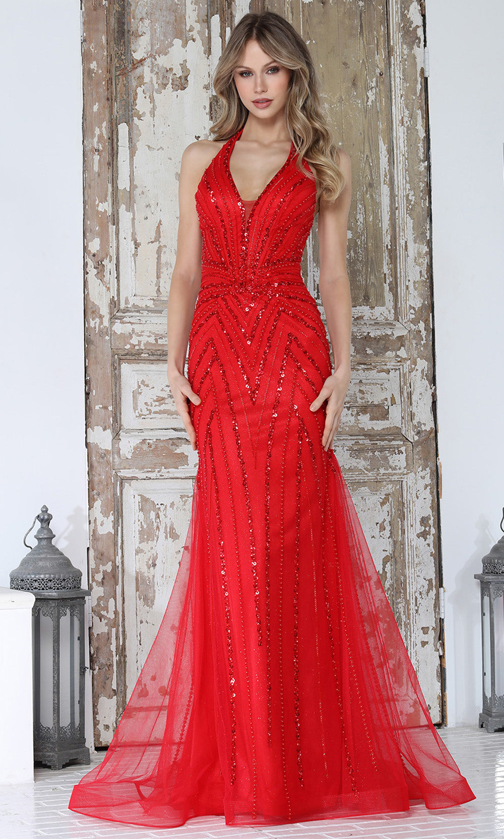 Adora Design 3350 - Plunging Halter Linear Beaded Long Gown Prom Dresses in Red  