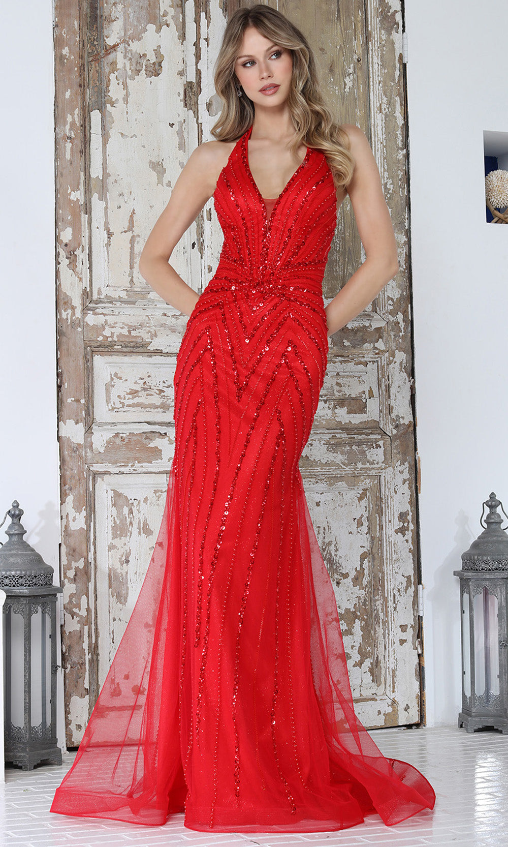 Adora Design 3350 - Plunging Halter Linear Beaded Long Gown Prom Dresses in Red  