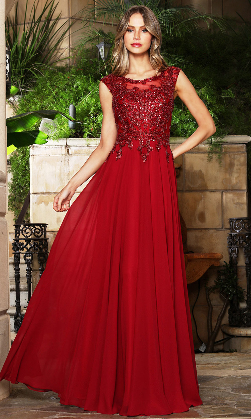 Adora Design 3353-03 - Scoop Neck A-Line Long Formal Gown Mother Of The Bride Dresses in Red  
