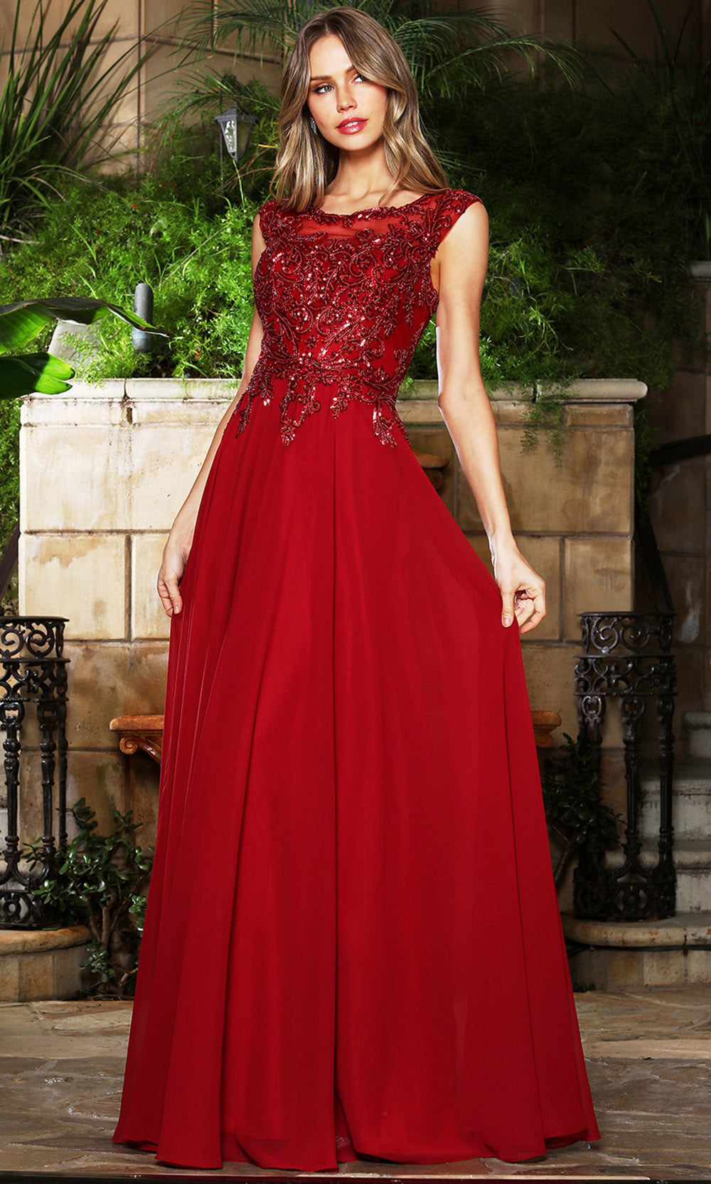 Adora Design 3353-03 - Scoop Neck A-Line Long Formal Gown Mother Of The Bride Dresses in Red  