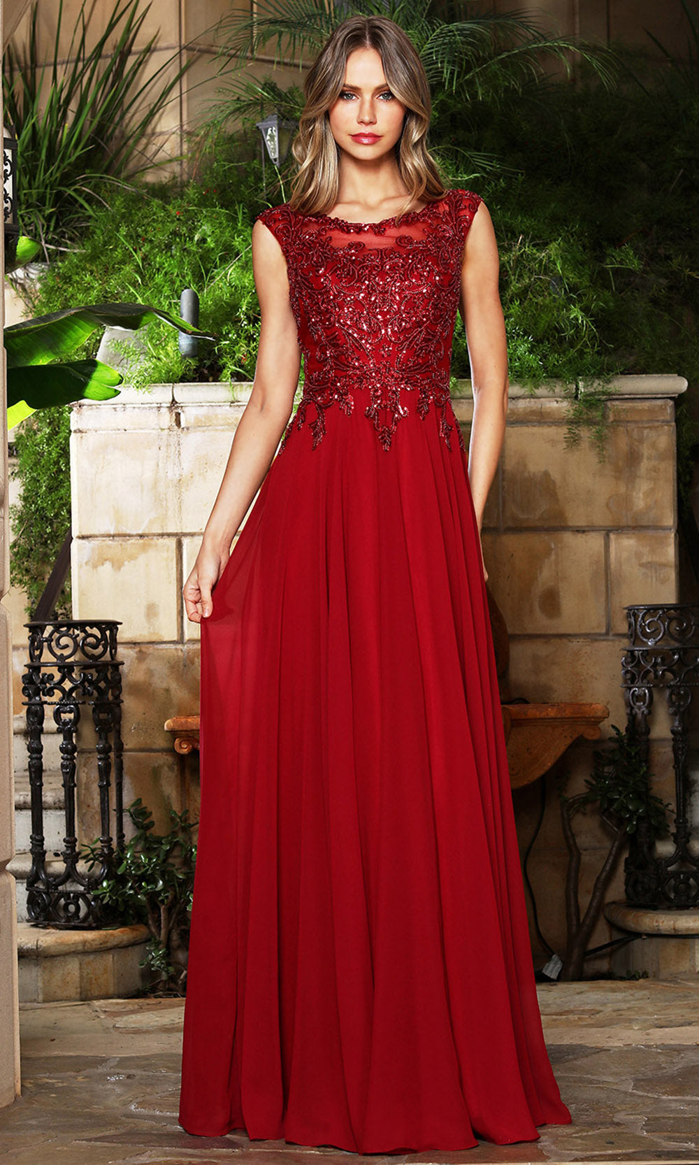 Adora Design 3353-03 - Scoop Neck A-Line Long Formal Gown Mother Of The Bride Dresses in Red  
