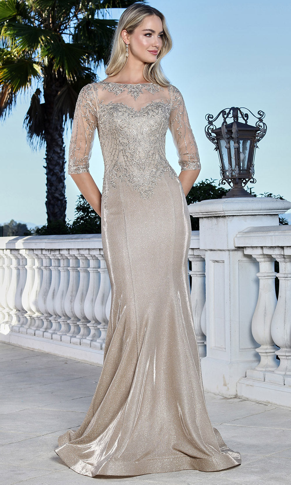 Adora Design 3354-03 - Bateau Neck Lace Mermaid Gown Mother of the Bride Dresses in Neutral  