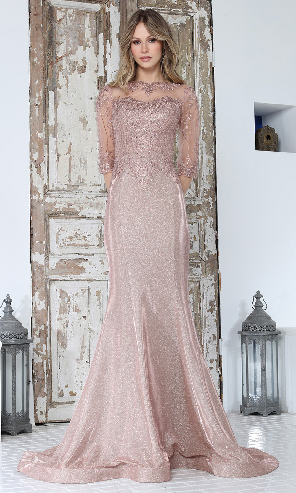 Adora Design 3354-03 - Bateau Neck Lace Mermaid Gown Mother of the Bride Dresses in Pink  