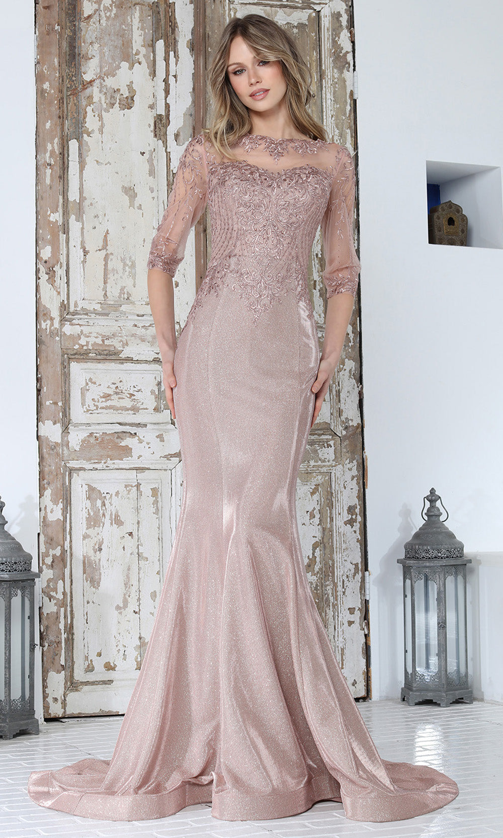 Adora Design 3354-03 - Bateau Neck Lace Mermaid Gown Mother of the Bride Dresses in Pink  