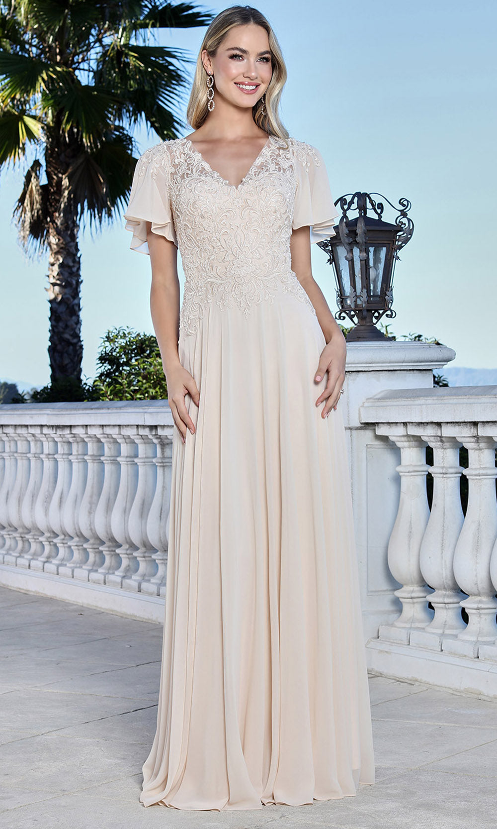 Adora Design 3356-03 - V-Neck Beaded Lace Formal Gown Mother of the Bride Dresses in Neutral  