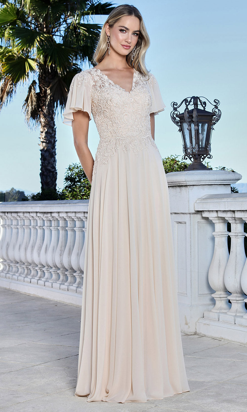 Adora Design 3356-03 - V-Neck Beaded Lace Formal Gown Mother of the Bride Dresses in Neutral  