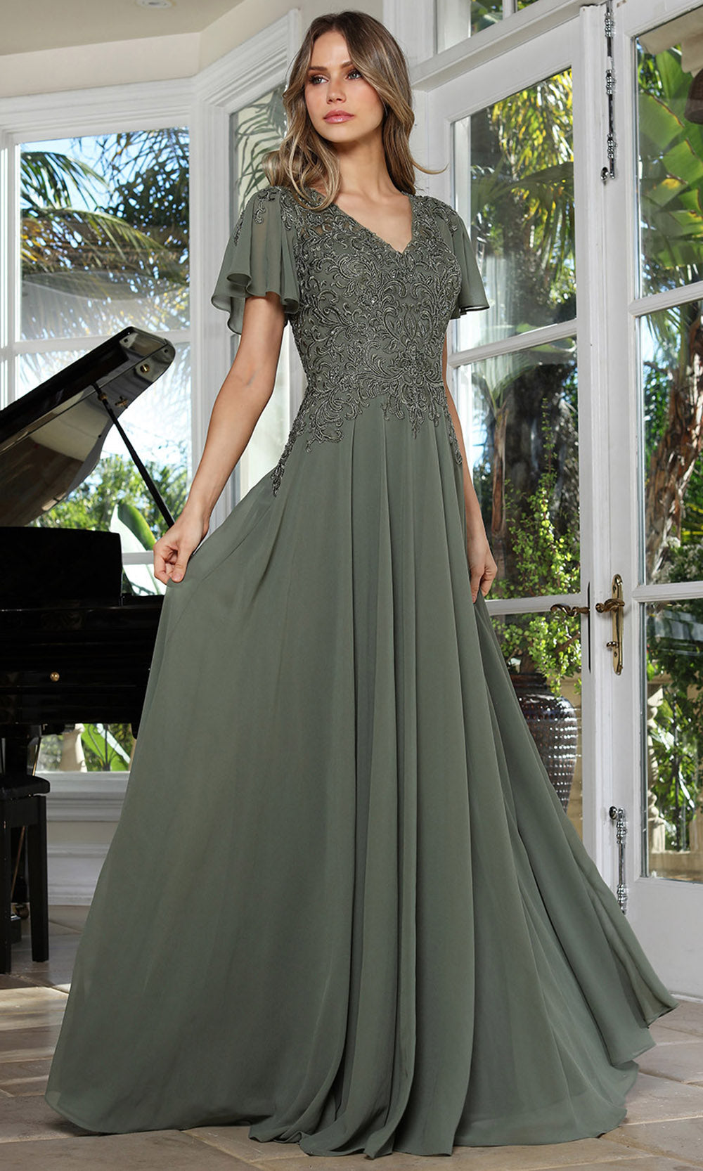 Adora Design 3356-03 - V-Neck Beaded Lace Formal Gown Mother of the Bride Dresses in Green  
