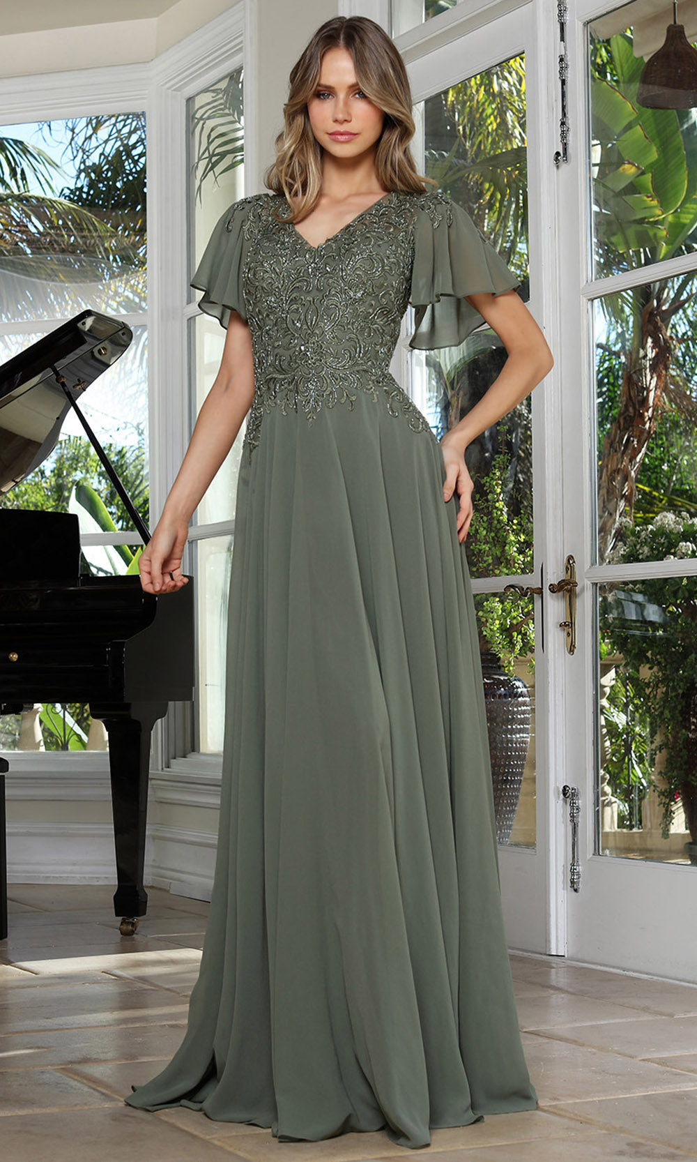 Adora Design 3356-03 - V-Neck Beaded Lace Formal Gown Mother of the Bride Dresses in Green  