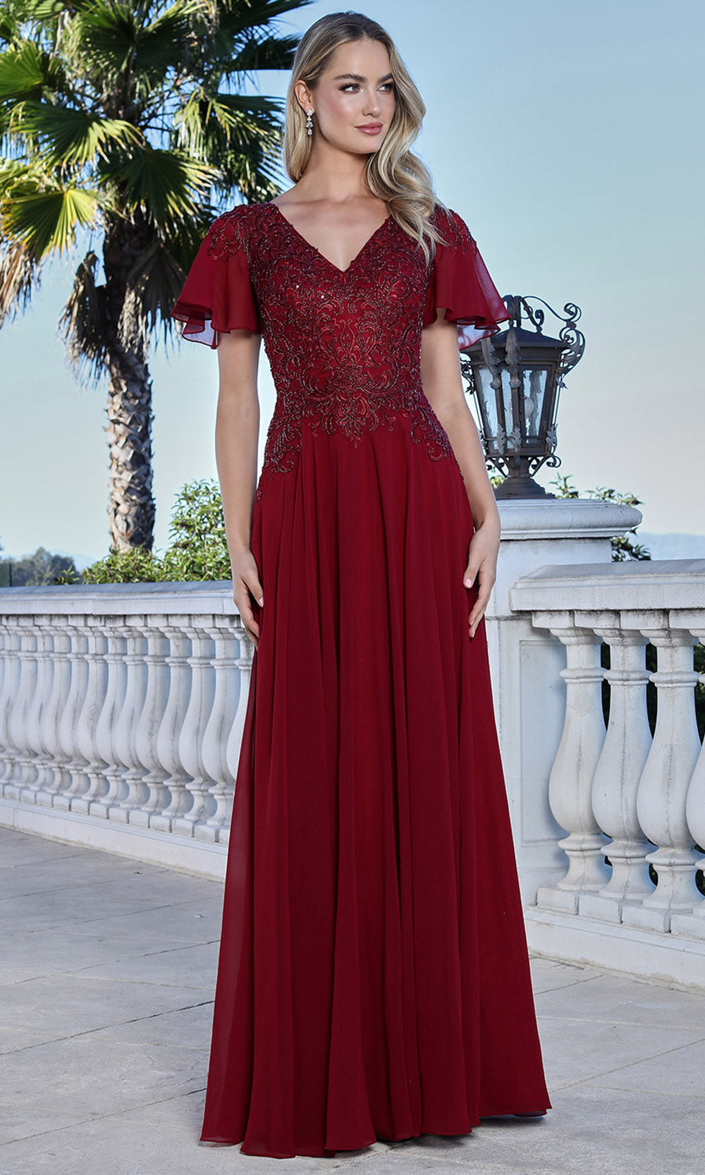 Adora Design 3356-03 - V-Neck Beaded Lace Formal Gown Mother of the Bride Dresses in Red  