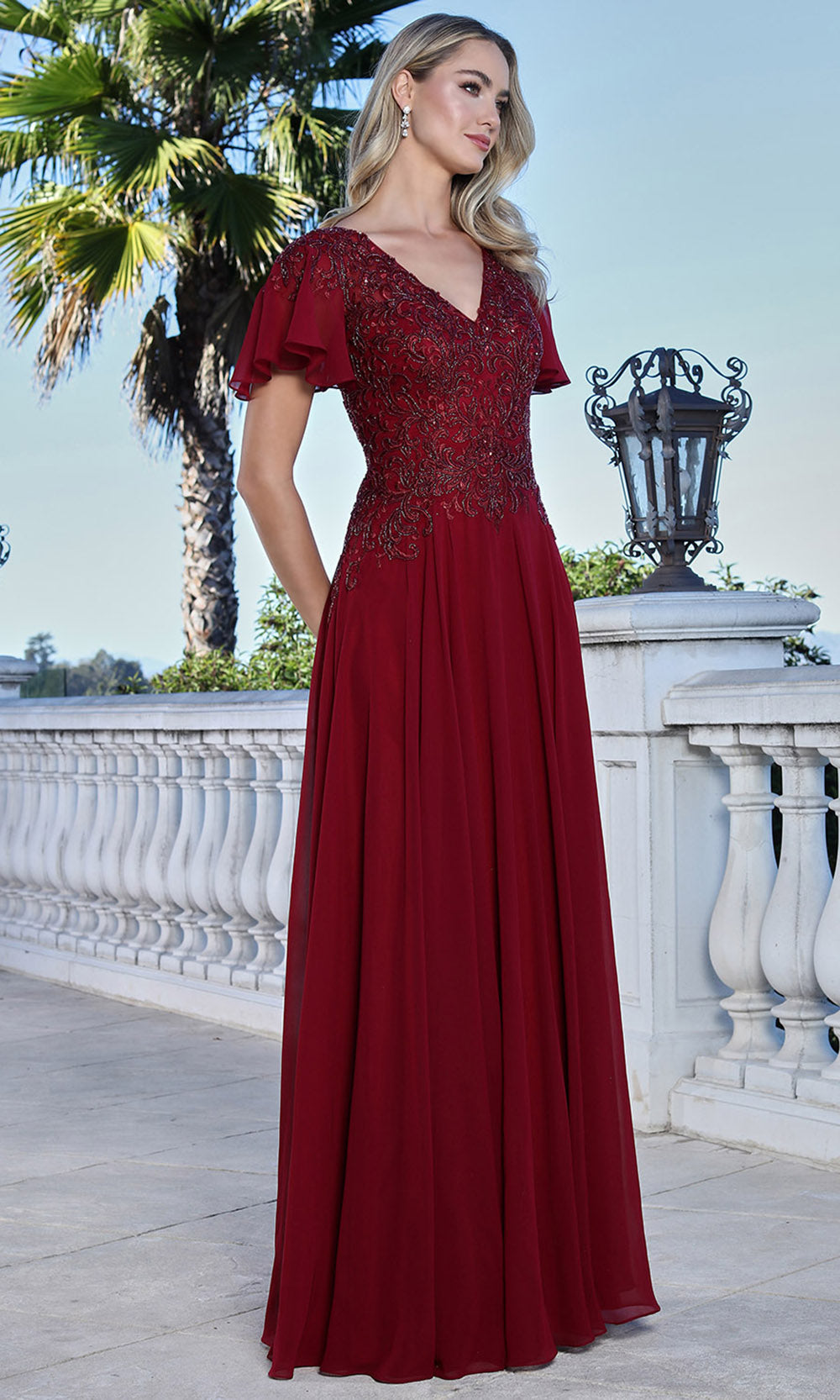 Adora Design 3356-03 - V-Neck Beaded Lace Formal Gown Mother of the Bride Dresses in Red  